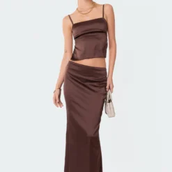 Satin Low Rise Back Slit Maxi Skirt