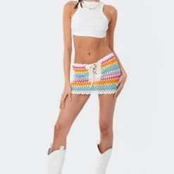 Rainbow Crochet Lace-Up Mini Skirt