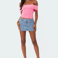 Elysse Bow Embellished Denim Mini Skirt