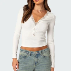 Madeline Lace Trim Ribbed Top