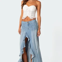 Valencia Ruffle Slitted Denim Maxi Skirt