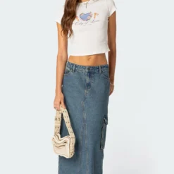 Slitted Cargo Denim Maxi Skirt