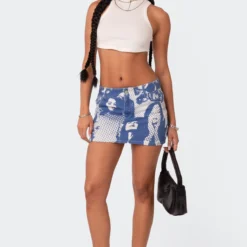 Face It Low Rise Printed Denim Mini Skirt